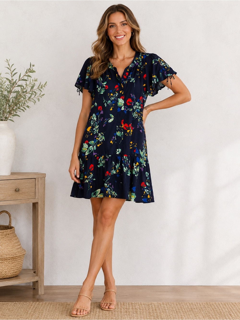 Parker Navy Floral Flutter Sleeve Drop Waist Mini Dress XS